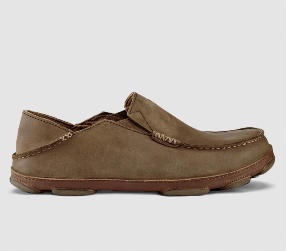 NEW OLUKAI men's moloa leather slip on shoes in ray/toffee